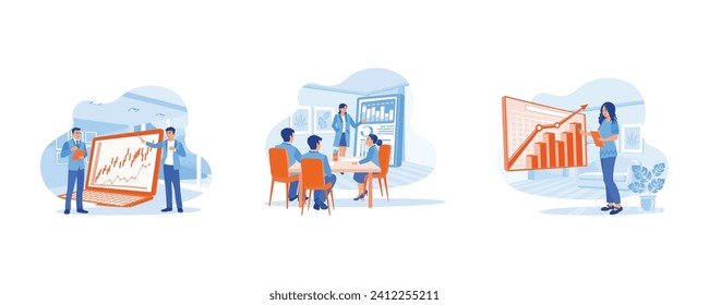  Concepto de Análisis de Crecimiento. Analizar gráficos del mercado de valores. Gerente femenino con una presentación en equipo.  establecer ilustración moderna de vector plano 