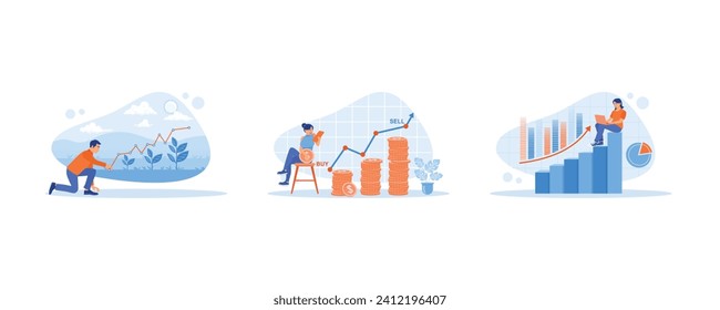Growth Analysis concept. Man observes plant growth using a growth chart. A young woman sits on a chair, holding coins and a mobile phone. Analyze business growth. set flat vector modern illustration