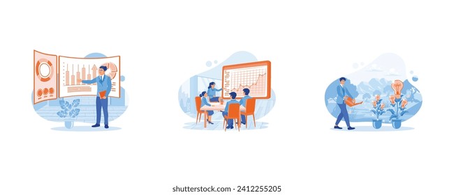 Growth Analysis concept. Presentations showing charts to groups of investors. Female chief analyst holding a meeting. set flat vector modern illustration 
