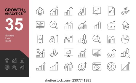 Juego de iconos editables para crecimiento y análisis. Ilustración vectorial en modernos iconos de línea delgada: diagramas, gráficos, beneficios financieros, progreso. Pictogramas e infografías