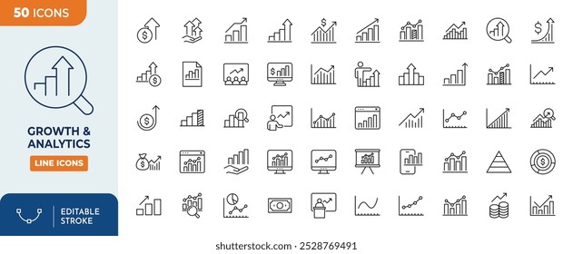 Conjunto de ícones editáveis da Growth and Analytics Line.