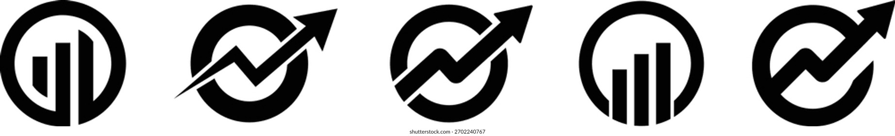 “Business Growth Arrow and Analytics Bar Chart Icon Set — Modern Financial Statistics Logo Collection Showing Upward Trend, Profit Increase, Market Progress and Data Performance Indicators for Corpora