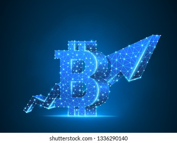 Growth arrow Bitcoin chart wireframe digital 3d illustration. Low poly business, success, data cash, finance concept. Lines, dots on blue background. Vector polygonal neon cryptocurrency sign