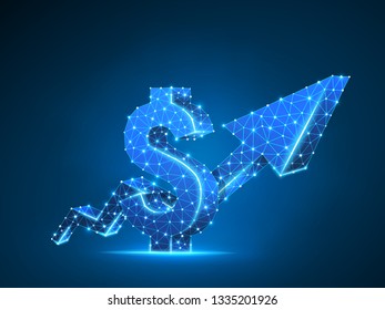 Growth arrow chart. Business Technological polygonal USD dollar Vector neon illustration. Low poly success, data cash, finance concept. Connection wireframe mesh structure on blue background in RGB