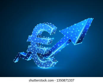 Growth arrow chart. Business Technological polygonal Euro currency Vector neon 3d illustration. Low poly success, data cash, finance concept. Connection wireframe mesh structure on blue background