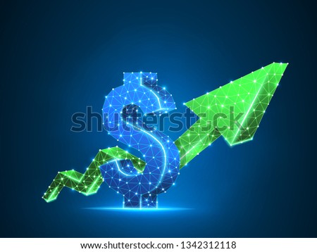 Growth arrow chart. Business Technological polygonal USD dollar Vector neon illustration. Low poly success, data cash, finance concept. Connection wireframe mesh structure on blue background in RGB