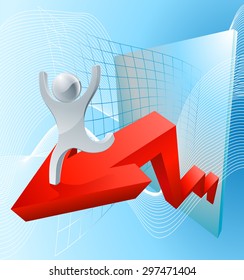 Growth arrow graph concept with a character riding high on success