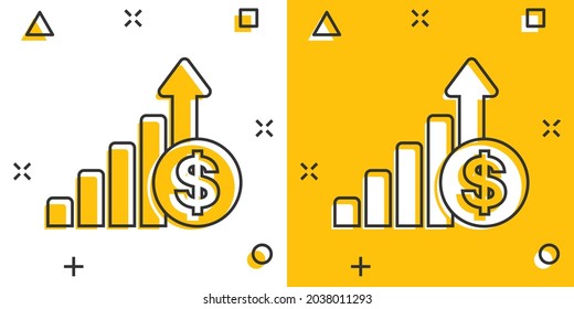 Growth arrow icon in comic style. Revenue cartoon vector illustration on white isolated background. Increase splash effect business concept.