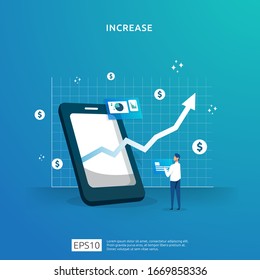 Growth Up Arrow Illustration Concept For Income Salary Rate Increase With People Character. Business Profit Sale Grow Margin Revenue With Dollar Symbol. Finance Performance Of Return On Investment ROI