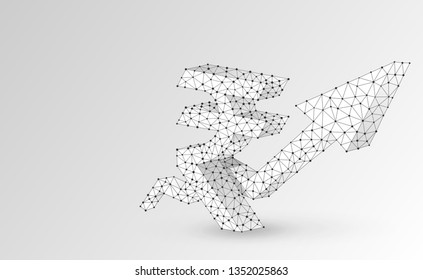 Growth arrow, Rupee currency, digital origami 3d illustration. Polygonal Vector business, success, data cash, finance concept. Low poly wireframe, triangle, lines, dots, polygons. White background