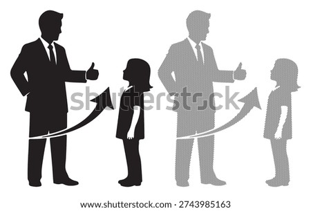 Growth arrow symbol, career development success, manager praising employee achievement