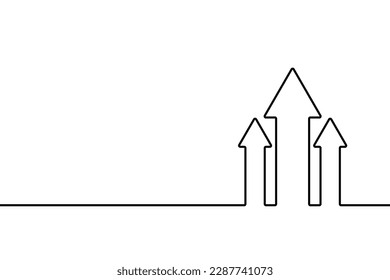 Crecimiento flecha hacia arriba. Icono de gráfico ascendente. Línea continua de signo negro aislada en fondo blanco. Progreso del concepto dibujado a mano para la impresión comercial del diseño. Gráfica de tres flechas manos. Ilustración del vector