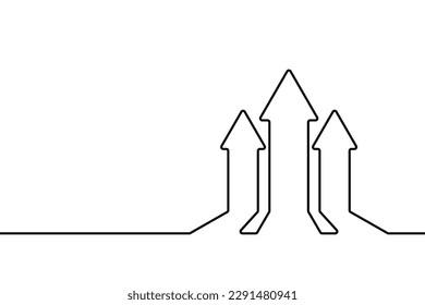 Crecimiento flecha hacia arriba. Icono de gráfico ascendente. Línea continua de signo negro aislada en fondo blanco. Progreso del concepto de dibujo manual para la impresión comercial de diseño. Gráfica de tres flechas manos. Ilustración del vector