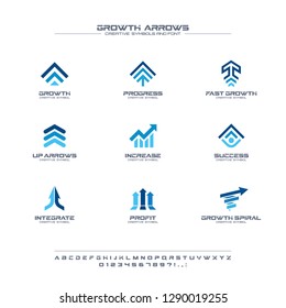 Growth Arrows Creative Symbols Set, Font Concept. Finance Profit, Bank, Stock Market Abstract Business Logo. Increase, Grow Up Chart Icon. Corporate Identity Alphabet, Logotype, Company Graphic Design