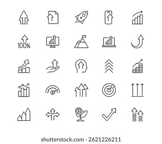 Growth Arrows Icon Set. Editable Stroke. Contains such icons as Personal Growth, Revenue Growth, Rocket Launch, Percentage Growth, Presentation, Investment, Mountain Peak, Finance, Making Money