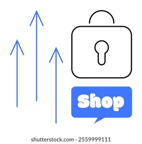 Growth arrows, a padlock, and a shop speech bubble. Ideal for online business and security and e-commerce and data protection and retail management. Simple minimal vector style