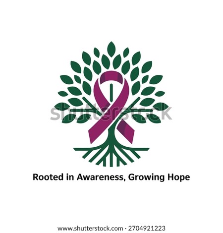 growth and awareness emblem, leafy tree with purple ribbon branch, nurturing community wellness, optimistic health campaign vector design