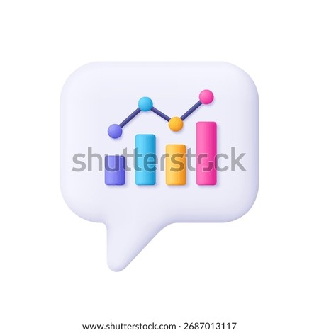 Growth bar chart with columns, down and up chart. Speech bubble with bar chart. Analytics, statistics, business growth, communication, presentations concept. 3d vector icon. Cartoon minimal style.