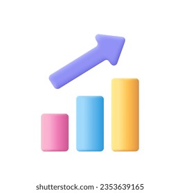 Growth bar chart with columns and upward arrow, trading up. Financial stock market, data analysis and business concept. 3d vector icon. Cartoon minimal style.