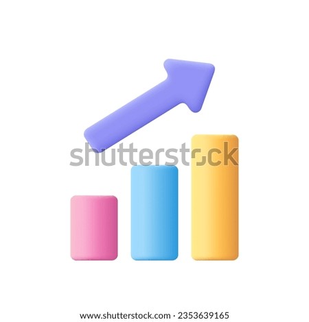 Growth bar chart with columns and upward arrow, trading up. Financial stock market, data analysis and business concept. 3d vector icon. Cartoon minimal style.