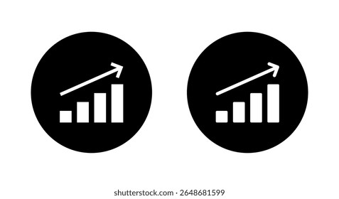 Gráfico de barras de crescimento com ícone de seta de tendência ascendente. Símbolo de aumento, sucesso e aumento financeiro dentro do círculo preto
