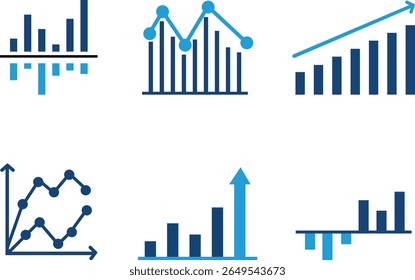 Growth bar icon set. Vector logo of an increasing chart. Business statistics and data analysis symbol. Represents business growth, profit increase, and progress with upward arrow and bar chart element