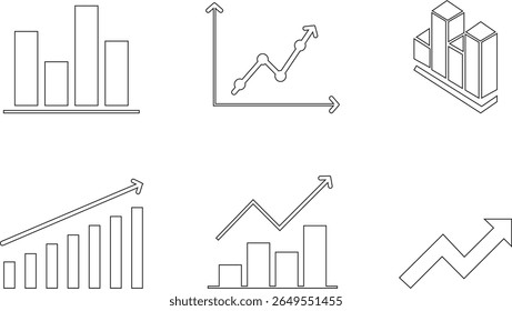 Growth bar line art icon set. Vector logo of an increasing chart. Business statistics and data analysis symbol. Represents business growth, profit increase with upward arrow and bar chart elements.