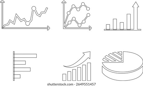 Growth bar line art icon set. Vector logo of an increasing chart. Business statistics and data analysis symbol. Represents business growth, profit increase with upward arrow and bar chart elements.