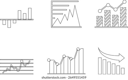 Growth bar line art icon set. Vector logo of an increasing chart. Business statistics and data analysis symbol. Represents business growth, profit increase with upward arrow and bar chart elements.