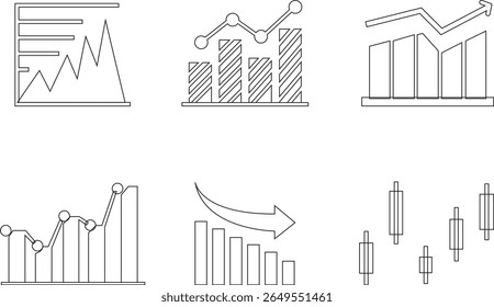 Growth bar line art icon set. Vector logo of an increasing chart. Business statistics and data analysis symbol. Represents business growth, profit increase with upward arrow and bar chart elements.
