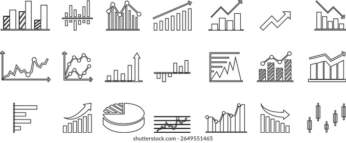Growth bar line art icon set. Vector logo of an increasing chart. Business statistics and data analysis symbol. Represents business growth, profit increase with upward arrow and bar chart elements.