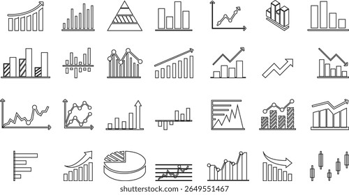 Growth bar line art icon set. Vector logo of an increasing chart. Business statistics and data analysis symbol. Represents business growth, profit increase with upward arrow and bar chart elements.