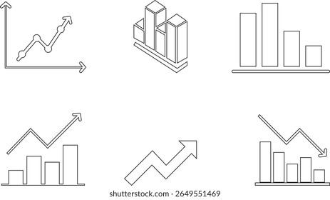 Growth bar line art icon set. Vector logo of an increasing chart. Business statistics and data analysis symbol. Represents business growth, profit increase with upward arrow and bar chart elements.