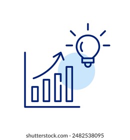 Gráfico de barras de crecimiento y bombilla. Ideas de éxito y estrategias de inversión. Icono de trazo perfecto y editable