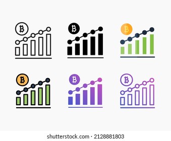 Growth up bitcoin chart bar icon set with line, outline, flat, filled, glyph, color, gradient. Editable stroke and pixel perfect. Can be used for digital product, presentation, print design and more.