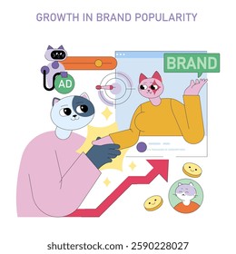 Growth in brand popularity concept. Emphasizing the journey and impact of brand recognition in the market. Features characters representing engagement, advertising, and analytics, showcasing rising