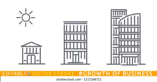 Growth Of Business. Buildings Of Company Small, Middle And Big. Sketch Line Flat Design Of Commerce Architecture. Modern Vector Illustration Concept. Fully Editable Outlines, Saved Brushes And Layers.