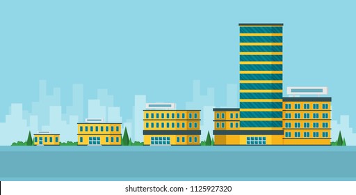 Growth of business. Buildings of company small, middle and big. Flat vector.