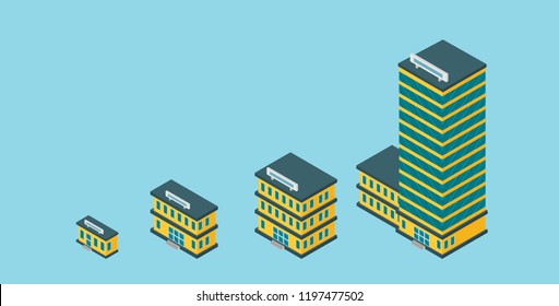 Growth of business. Buildings of company small, middle and big. Flat vector. svg