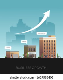 Growth Of Business. Buildings Of Company Small, Middle And Big. Flat Vector.