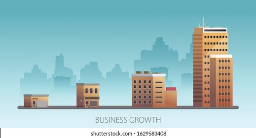 Growth of business. Buildings of company small, middle and big. Flat vector. svg