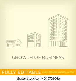 Growth of business. Buildings of company small, middle and big. Sketch line flat design of commerce architecture. Modern vector illustration concept. Fully editable outlines, saved brushes and layers.