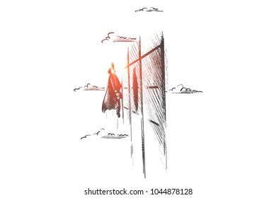 Growth of business concept. Hand drawn superhero flying up near the wall of skyscraper. Motion up isolated vector illustration.