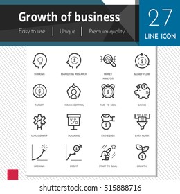 Growth of business elements vector icons set on white background.  Premium quality outline symbol collection. Stroke vector logo concept, web graphics.