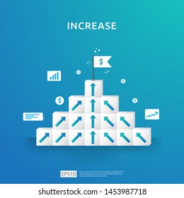 Growth business increase concept with stacking block. step stair ladder with arrow up vector illustration for success process, rise income salary rate, finance performance of return on investment ROI