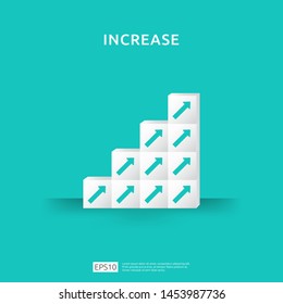 Concepto de aumento de negocios de crecimiento con bloque de apilamiento Escalera de escalera con flecha hacia arriba Ilustración vectorial para el proceso de éxito, aumento de la tasa salarial de ingresos, rendimiento financiero de retorno de la inversión ROI