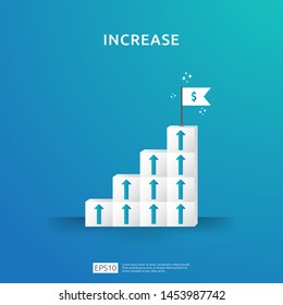 Growth business increase concept with stacking block. step stair ladder with arrow up vector illustration for success process, rise income salary rate, finance performance of return on investment ROI