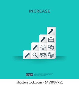 Growth business increase concept with stacking block. step stair ladder with arrow up vector illustration for success process, rise income salary rate, finance performance of return on investment ROI