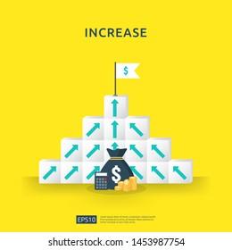 Growth business increase concept with stacking block. step stair ladder with arrow up vector illustration for success process, rise income salary rate, finance performance of return on investment ROI