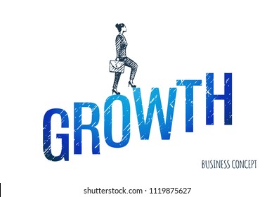 Growth. Business lady climbs the ladder consisting of large letters. Vector business concept illustration, hand drawn sketch.